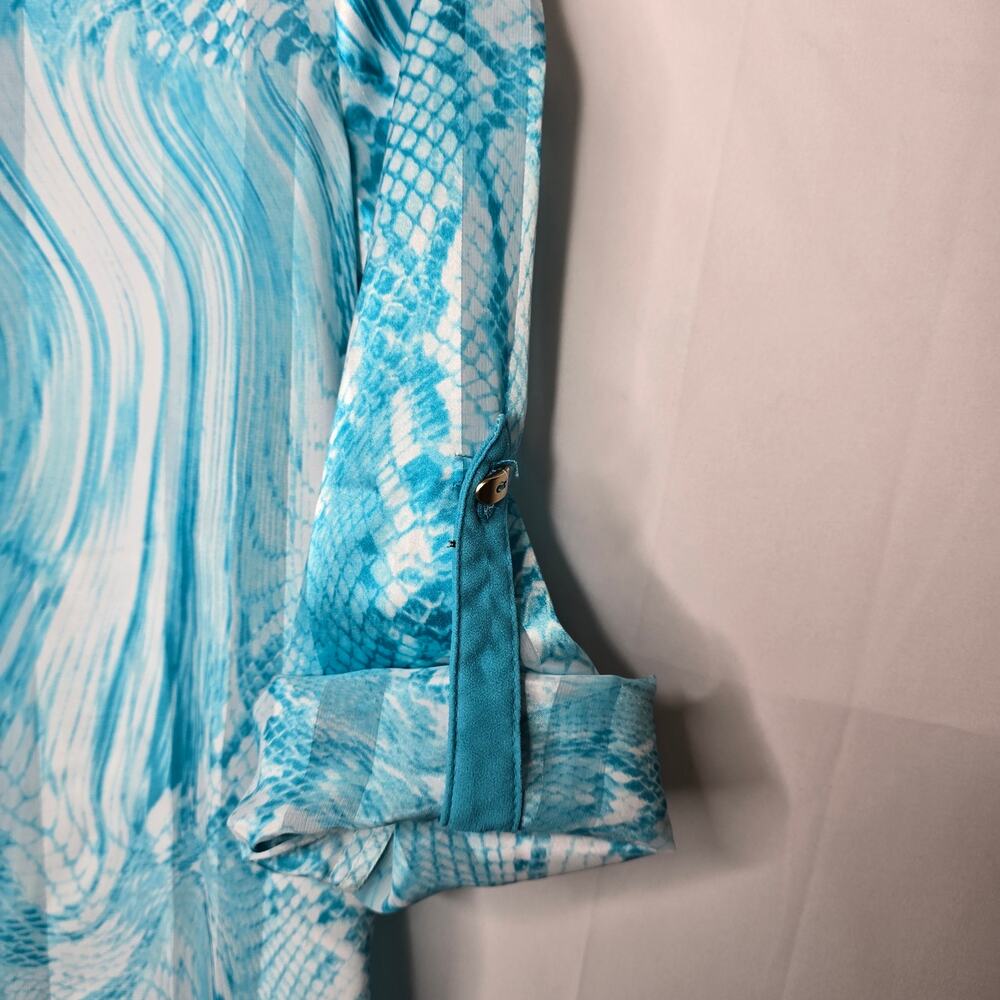 Alberto Makali Blue White Abstract Print Semi-Sheer Button-down Blouse Sz Small - Picture 8 of 9